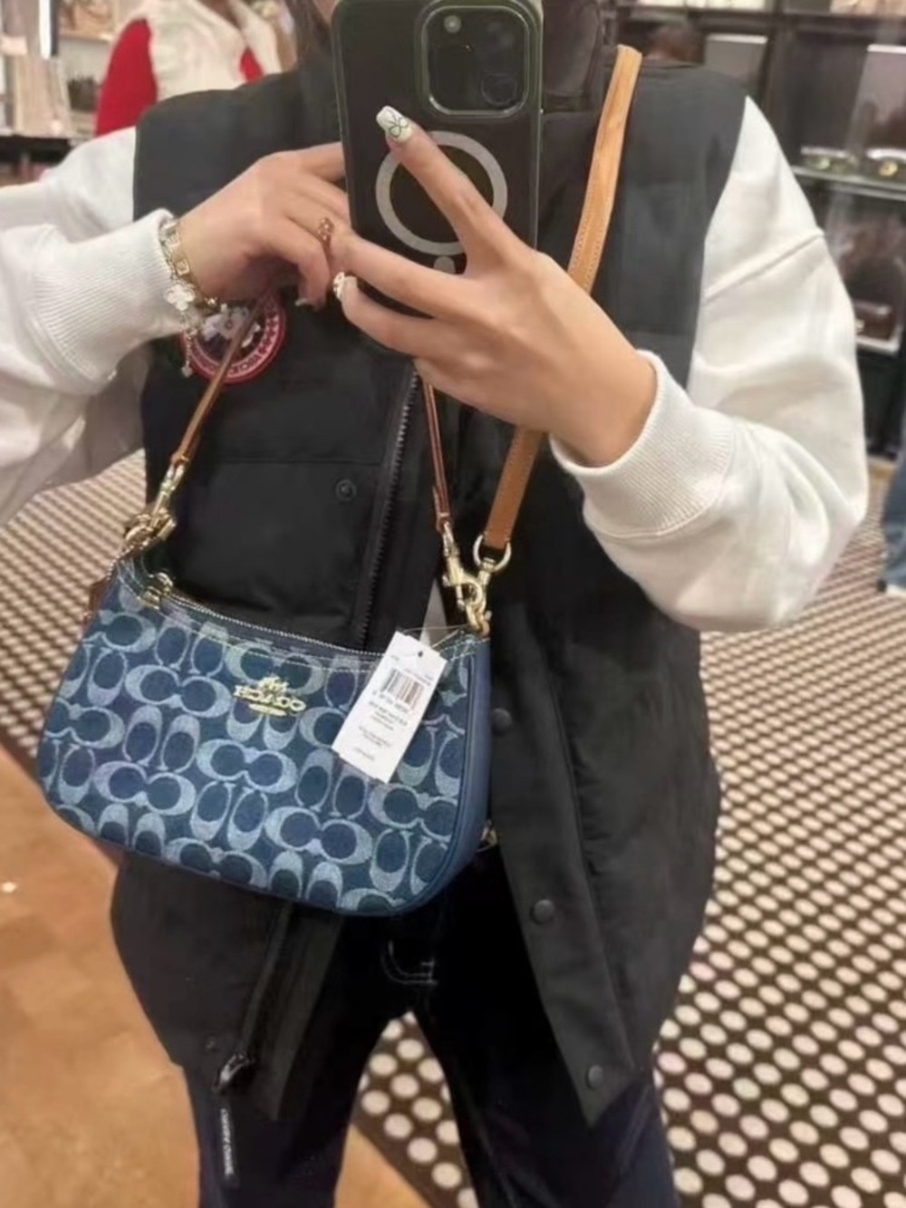 Coach Blue Denim Jacquard Mini Shoulder Bag with Tan Strap - Picture 3 of 5